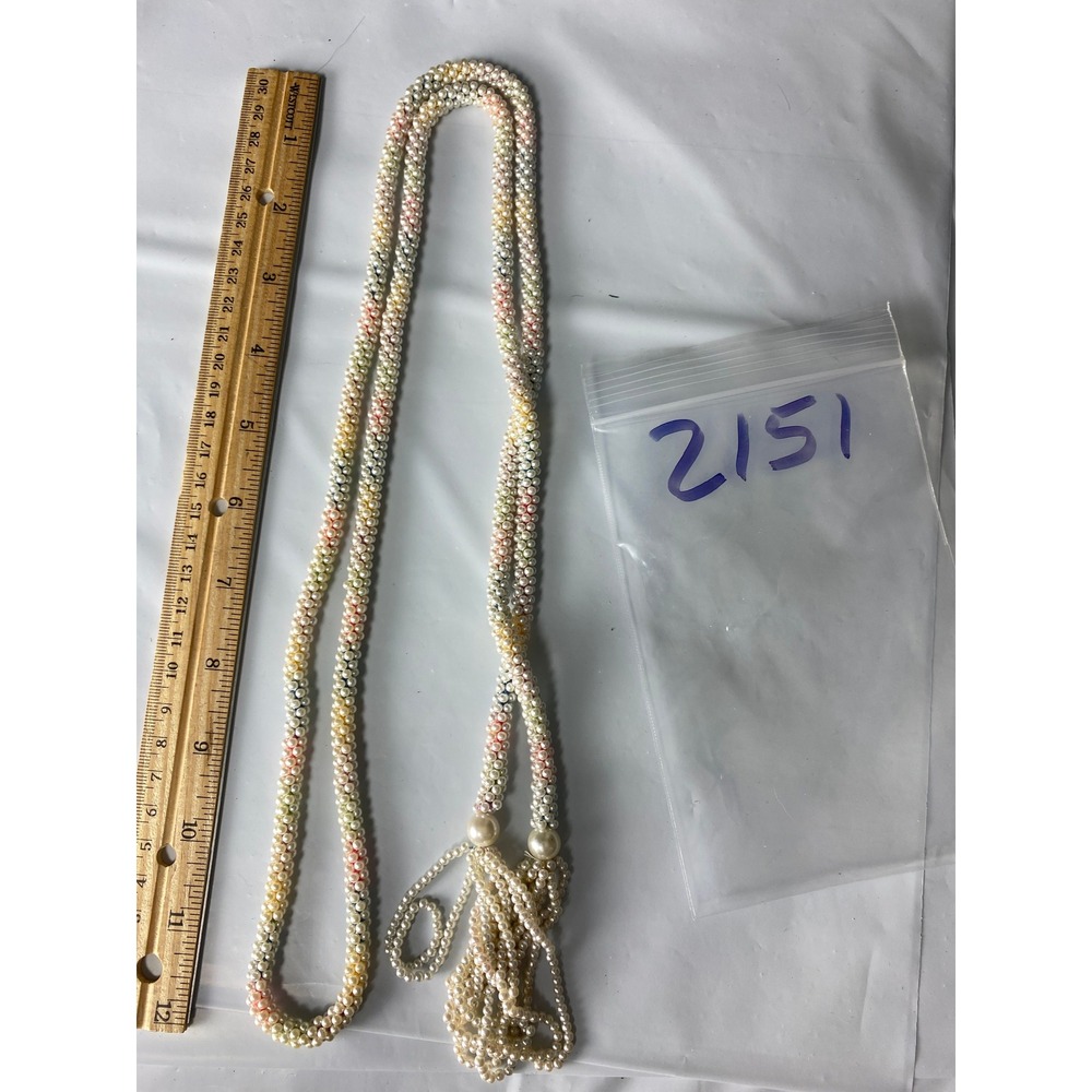 Multicolor Pastel Faux Pearl Tassel Lariat Necklace Long Beaded Rope 56 Inch
